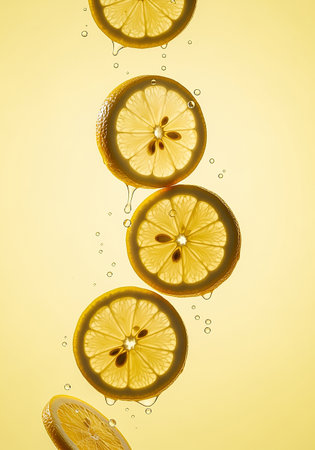 Lemon slices in water with bubbles on yellow background. Citrus fruitの素材