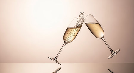 Two glasses of champagne flute with splash on gradient background with reflectionの素材