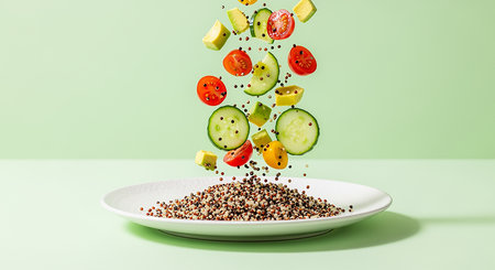 Healthy food concept with quinoa, avocado, cucumber and tomato flying out of plateの素材