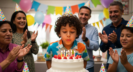 Happy multiethnic family blowing out candles on birthday cake at birthday partyの素材