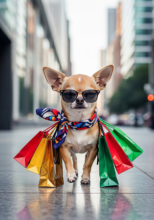 Cute chihuahua dog with shopping bags in the cityの素材