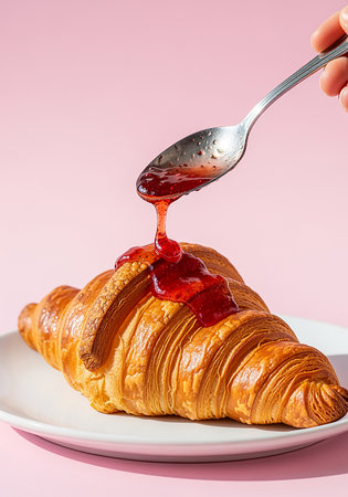 Croissant with strawberry jam on a white plate on a pink backgroundの素材