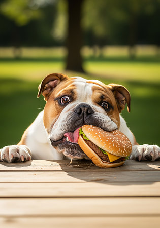 english bulldog with hamburger on a wooden table in the parkの素材