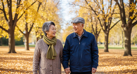 Senior couple walking in the park in autumn, smiling and holding handsの素材