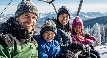 Happy family on ski lift in winter mountains. They are smiling and looking at camera.の素材
