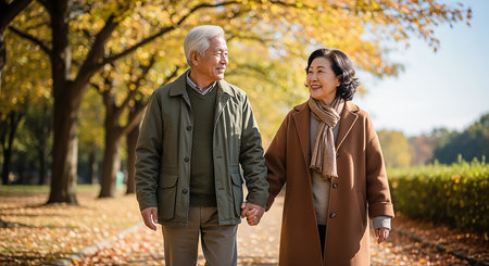 senior couple walking in autumn park, asian senior people lifestyleの素材