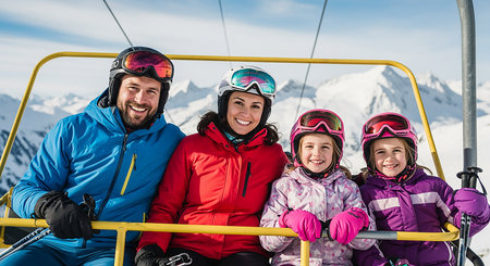 Portrait of happy family sitting on ski lift and looking at cameraの素材