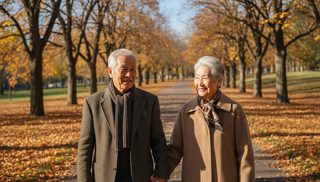 Portrait of senior couple walking in autumn park. They are looking at camera and smiling.の素材