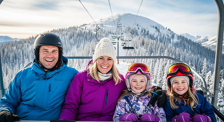 Portrait of a happy family on the ski lift in the mountainsの素材