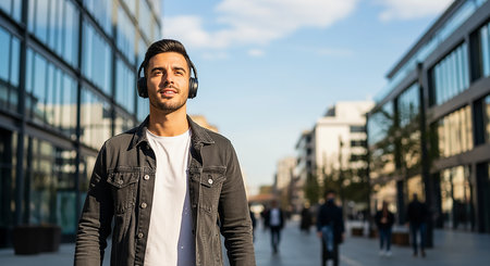 Young man listening to music with headphones and walking in the city.の素材