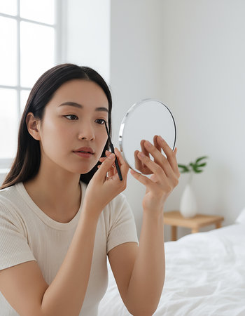 beautiful asian woman applying makeup on face with mirror in bedroomの素材