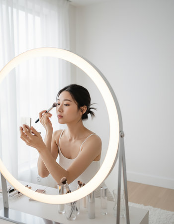 Beautiful young asian woman applying makeup in front of a mirrorの素材