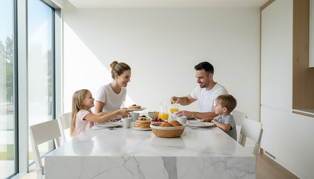 happy family having breakfast in modern kitchen at home, parents and childrenの素材
