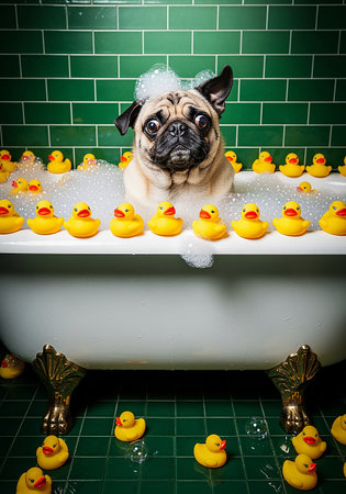 Cute pug dog taking a bath with yellow rubber ducks.の素材
