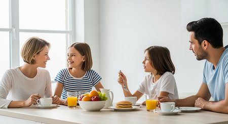 happy family having breakfast together at table in kitchen at home and using smartphoneの素材