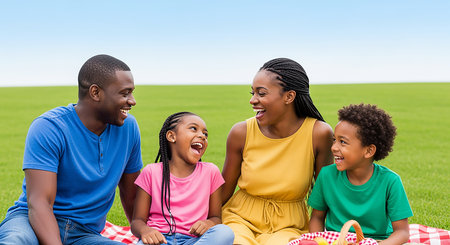 happy african american family sitting on picnic blanket in green fieldの素材
