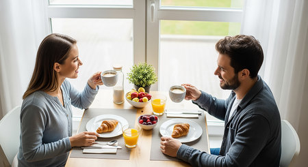 happy young couple having breakfast together at table at home in the morningの素材