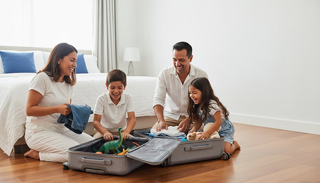 Happy family packing suitcase for vacation at home. Young parents and their children packing suitcases for travel.の素材