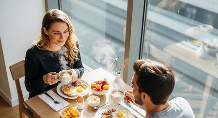 high angle view of young woman and man having breakfast together at homeの素材