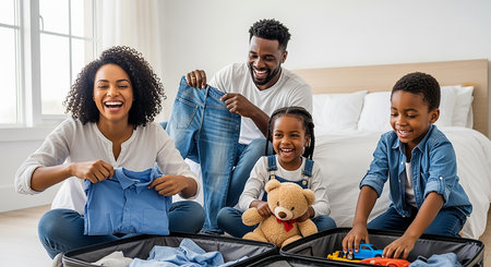 happy african american family packing suitcase for travel at home bedroomの素材