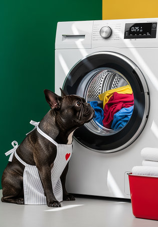 french bulldog in front of washing machine with colorful clothes in laundry roomの素材