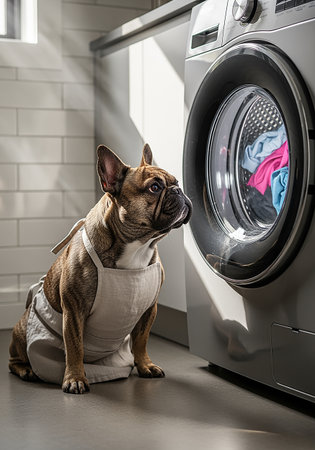 French bulldog sitting in front of washing machine and looking at cameraの素材