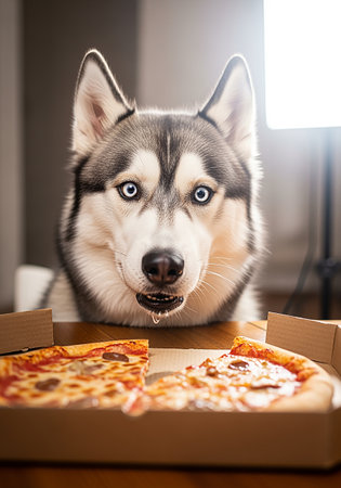 Siberian Husky dog with pizza in a box. Selective focus.の素材