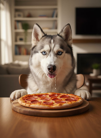 Cute siberian husky dog with pizza on table at homeの素材