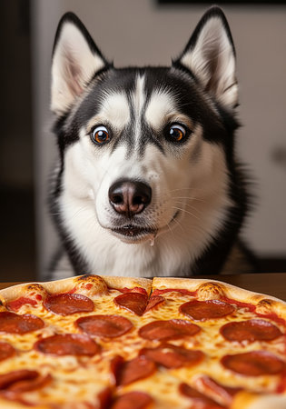 Siberian Husky dog eating pizza. Close-up.の素材