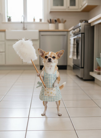 French bulldog in chef's hat with cupcakes in the kitchenの素材