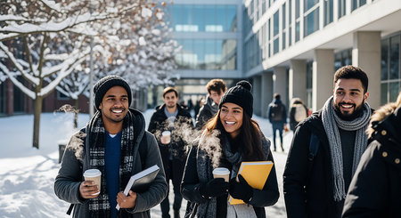 Group of students walking in the city with books and coffee to goの素材