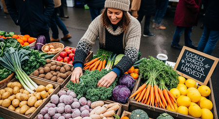 Young woman buying fresh vegetables at the local farmer's market in London, UK.の素材