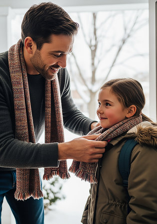 happy father and daughter in warm clothes looking at each other and smilingの素材