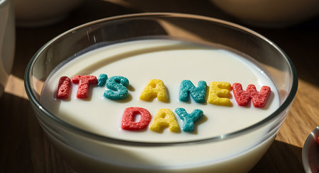 It's a new day written in multicolored letters in a glass of milkの素材