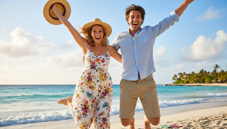 Happy couple having fun on the beach. Man and woman in summer clothes.の素材