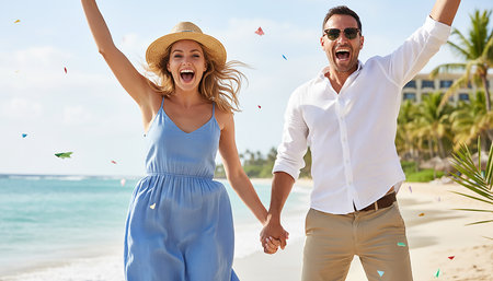 Happy couple having fun on the beach. Man and woman in summer clothes.の素材