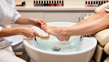 Close-up of a female manicurist doing pedicureの素材