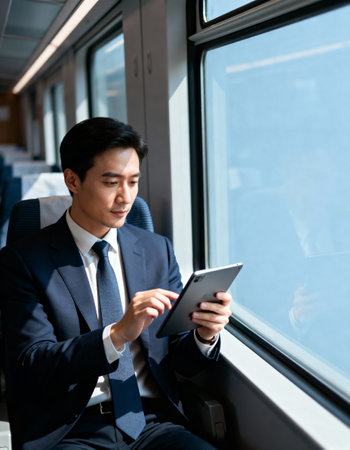 Businessman using digital tablet in train cabin. Asian male model.の素材