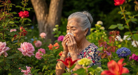 Elderly Asian woman sneezing in a flower garden.の素材