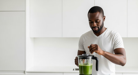African american man making green smoothie in kitchen at home, copy spaceの素材