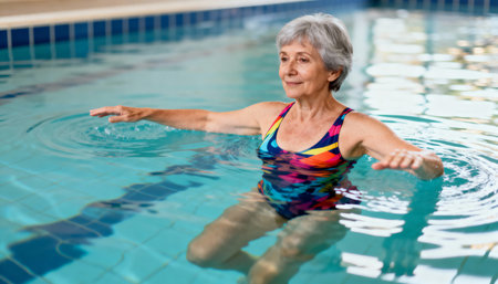 Senior woman in swimming pool at the leisure center. Healthy lifestyle.の素材