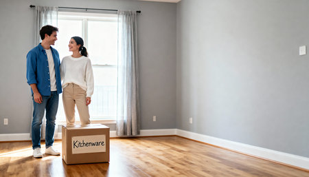 Couple moving in new house holding a cardboard box and looking at each otherの素材