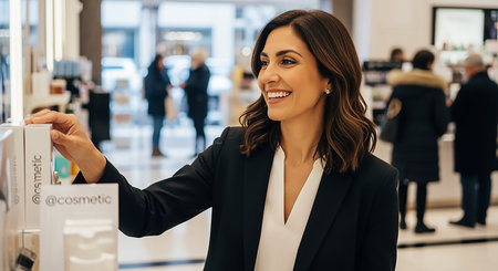 Beautiful young woman in a business suit is looking at the showcase in the store.の素材