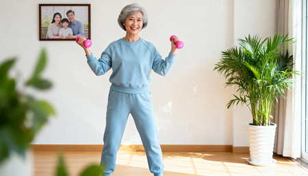 asian senior woman exercising with dumbbells in living room at homeの素材