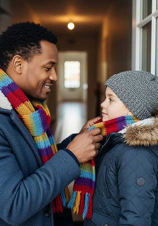 happy african american father and daughter in winter clothes looking at each otherの素材