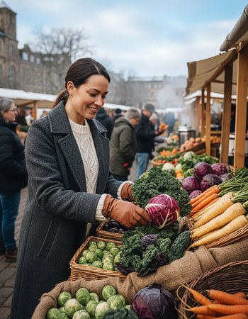 Young woman buying fresh vegetables at a farmers market in Edinburgh, Scotlandの素材
