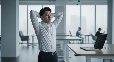 Tired and exhausted young Asian businessman sitting in an office with his hands behind his headの素材