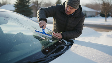 Man cleaning car windshield with a brush and scraper in winter dayの素材