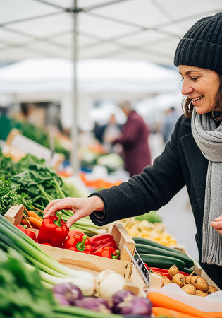 Young woman buying fresh vegetables at the farmers market. Healthy lifestyle.の素材