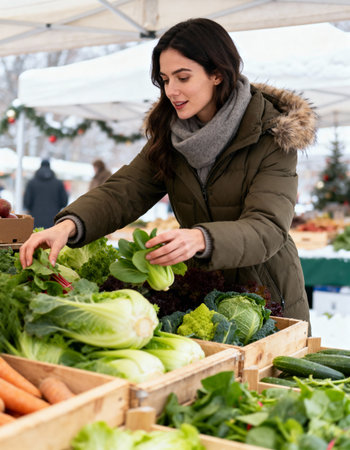 happy young woman buying fresh vegetables at local farmers market on winter dayの素材